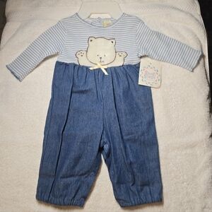 Infant 6-9 Months One Piece Outfit White Blue Striped NWT Fuzzy Teddy Bear Snaps